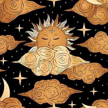 Moon Sun and Cloud Dark Starry Night Golden Magic Astronomy Astrology Star Stock Illustration