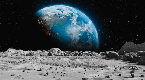 Moon surface and a big planet background Stock Illustration