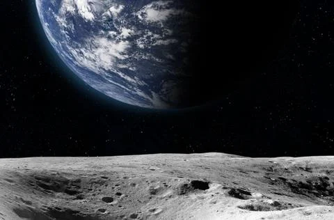 Moon surface and Earth. Stock Photos