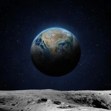 Moon surface and Earth. Stock Photos