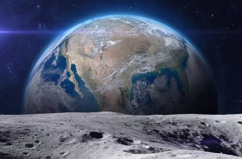 Moon surface and planet Earth. Stock Photos