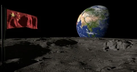 Moon surface with Chinese flag and the Earth, with alpha mask Stock Footage 105529287