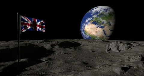 Moon surface with flag Britain and the Earth, with alpha mask Stock Footage 109067608