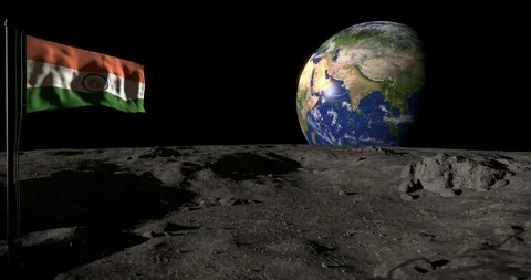 Moon surface with flag India and the Earth, with alpha mask Stock Footage 105529371