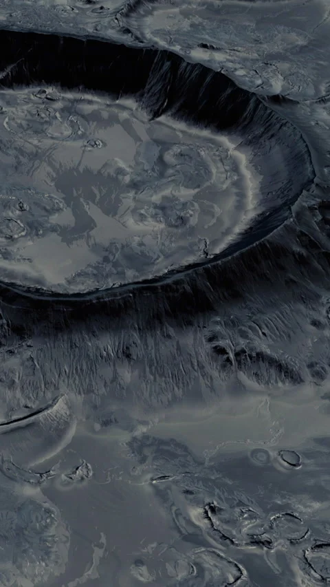 Moon surface with large crater and rough terrain showing dark features Stock Footage 344958240