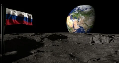 Moon surface with Russian flag and the Earth, with alpha mask Stock Footage 105529167