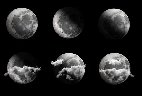 The moon in various phases and with clouds in front on a black background Stock Photos