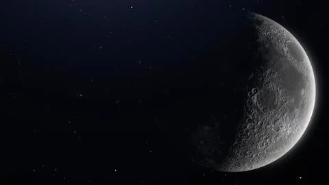 The moon view. Waxing crescent phase. 3d render with place for text Illustrazione stock