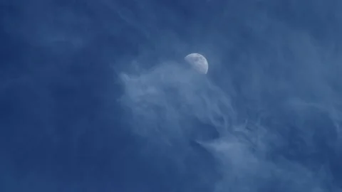 Moon Visible Through Layer of Clouds Passing By Stock Footage 131601207