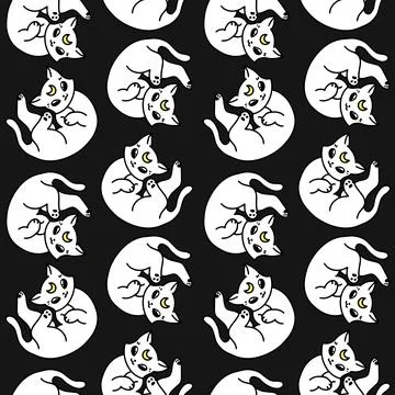 Moon white cat seamless pattern background for Halloween Stock Illustration