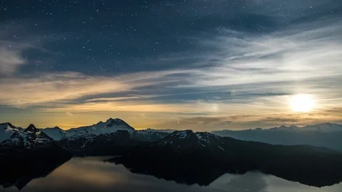 Moonbow and Drifting Clouds over Garibaldi Lake at Night Stock Footage 73242623
