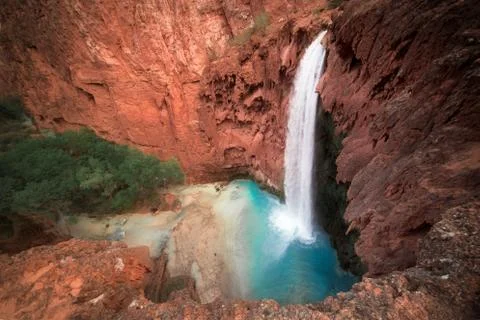 Mooney Falls in Havasupai, Arizona, United States. Backpacking, adventure. Stock Photos