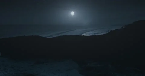 Moonlight above ocean waves washing rock shore aerial view. Close up mountain Stock Footage 218622928