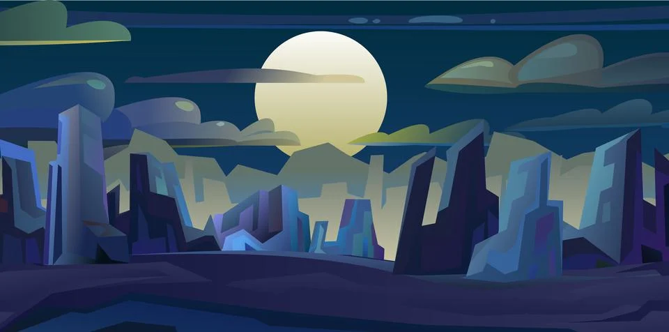 Moonlight and moon. Rocks cliffs landscape. Night scenery in mountains. Cartoon Ilustração Stock