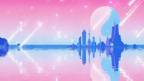 Moonlight City with Planets Sea Landscape Stock Footage 303813699
