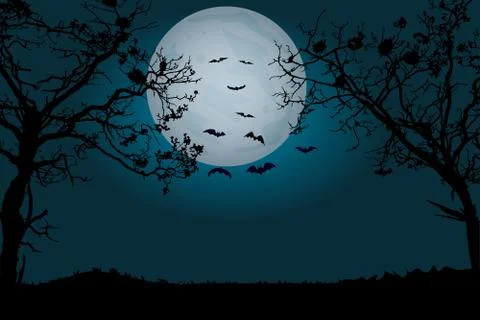 Moonlight forest background with silhouettes of bats. Stock Illustration