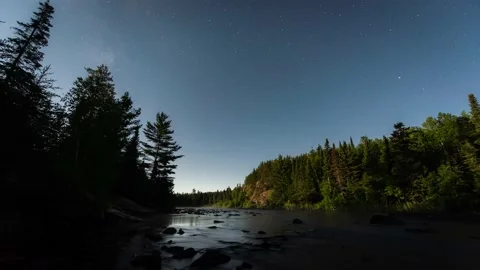 Moonlight Hitting a Remote River and Pine Forest Stock Footage 169963246