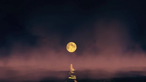 Moonlight path with low moon above sea. Full moon above water with clouds. 스톡 동영상 131606775