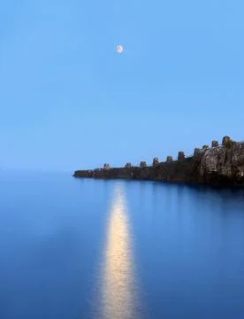 Moonlight Reflection on Tranquil Coastal Cliffside Stock Photos