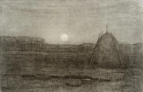 Moonlight Scene with Haystack. Elbridge Kingsley (United States, 1842-1918).. Stock Illustration