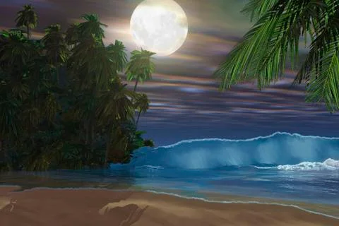 Moonlight shines down on the beach during the night of a full moon. Ilustração Stock