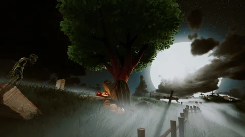 The moonlight shines through the thick smoke that enveloped the old cemetery. 스톡 동영상 252042866