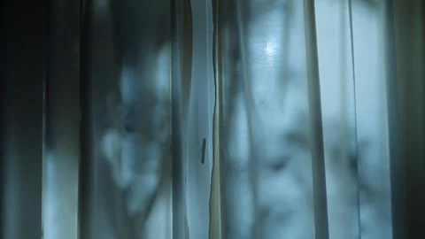 Moonlight shining on closed window curtain with tree shadows and dappled light Stock Footage 331831946