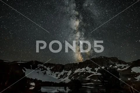 Moonlit Alpine Lake under MilkyWay Stock Photos