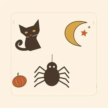 Moonlit black cat and dangling spider. Decorative flat vector composition wit Stock Illustration