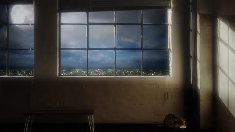 Moonlit Industrial Loft With Panoramic City Skyline Window View Stock Footage 341827601