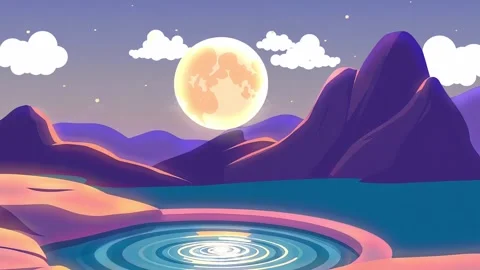 Moonlit Lake Reflection: An Animated Landscape with Mountains and Clouds in a C Stock Footage 330319607