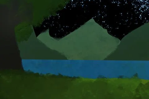 Moonlit Mountain Lake Beneath Large Tree Illustration Stock Illustration