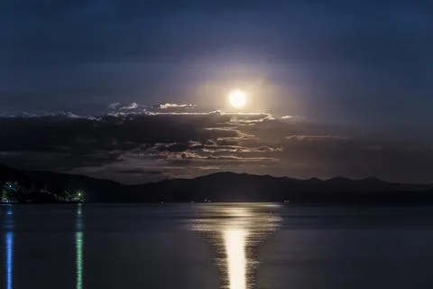 A moonlit night of lake Sevan, Armenia Stock Photos