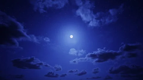 Moonlit Night Sky with Full Moon, Stars and Fast Moving Clouds Timelapse Stock Footage 336716403