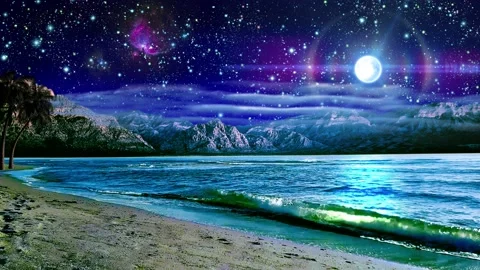 Moonlit night with twinkling stars at sea beach Stock Footage