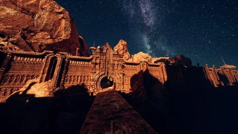 Moonlit Sky Above Mountain With Castle Ilustração Stock
