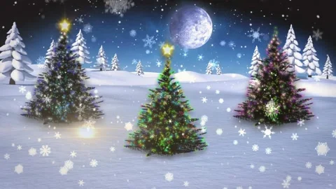 Moonlit snow falling sparking Xmas trees appearing pulsing lights and stars Stock Footage 319360811