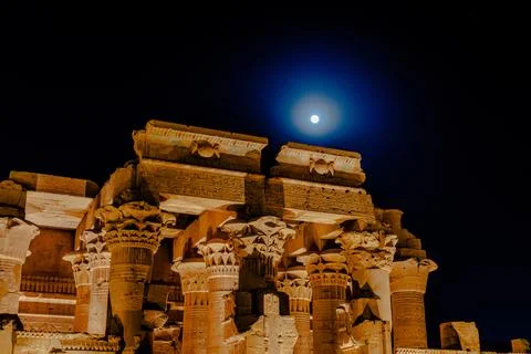Moonlit Temple Columns in Aswan, Egypt Stock Photos