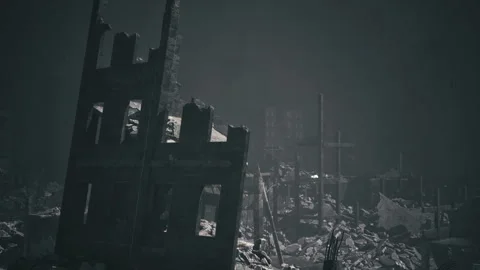 Moonlit urban decay with broken structures and faint haze drifting Stock-Footage 343626770