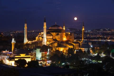 Moonrise at aya sofya Stock Photos