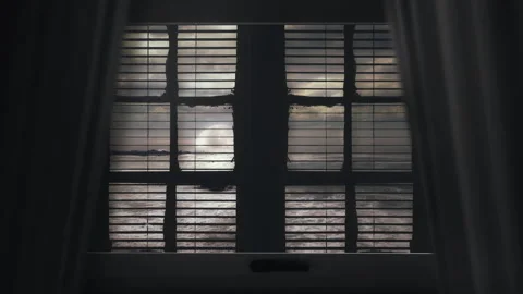Moonrise Ocean Waves Window Blind View Zoom In Vintage Style Stock Footage 235450558