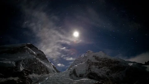 Moonrise over the Khumbu Icefall with clouds racing and headlamps from basecamp Stock-Footage 122094683