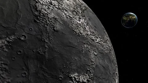 The moon's surface with Earth in the background of CGI image Stock Illustration