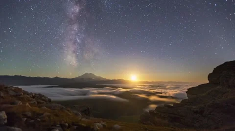 Moonset and starry sky rotation in mountains Stock Footage 42688005
