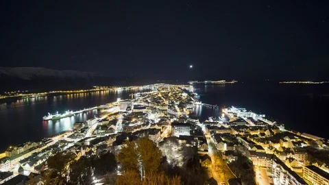 Moonset over Alesund Stock Footage 88244048