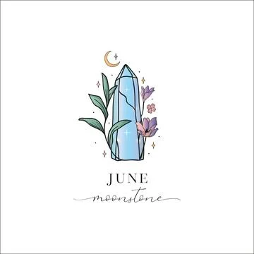 Moonstone, June. Colored Flowered Hand Painted Birthstones Gem Illustration. Stock Illustration