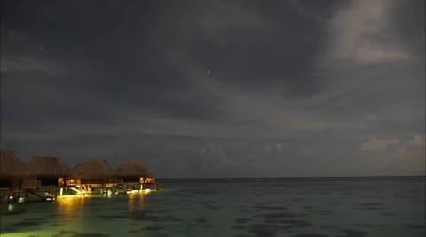 Moorea Night Time-Lapse Ocean Bungalow Stock Footage 49396442