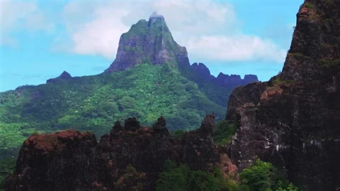 Moorea's dramatic volcanic tall jagged peaks rugged terrain Mount Rotui Mt Stock Footage 336397747