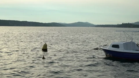 Moored boat with bridge in background Vídeo Stock 125766034