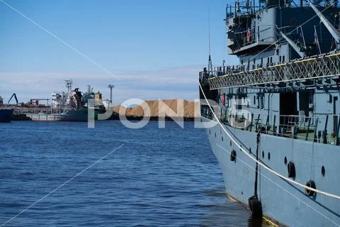 Moored ship in port Stock Photos